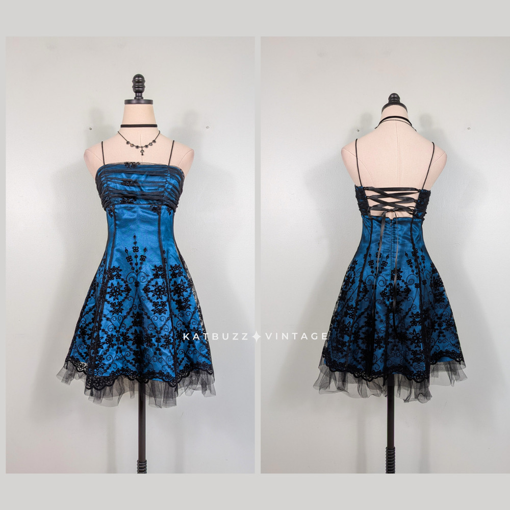 Vintage Nites Prom Dress Mini Gown 2 Blue Black Corset Y2K Fairy Goth Lace Hoco